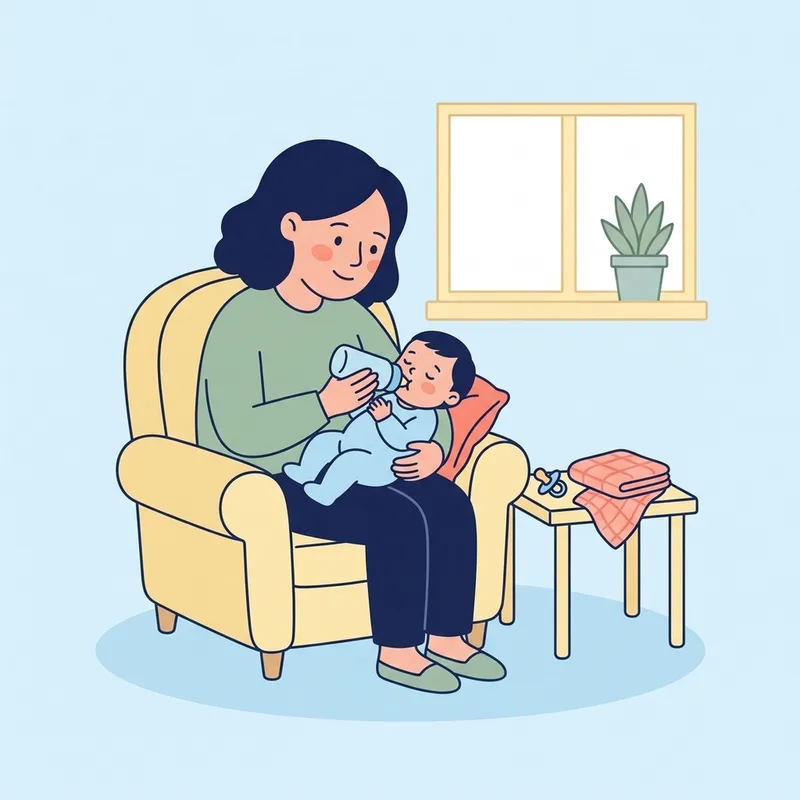 A parent in an armchair cradling a baby and offering a bottle