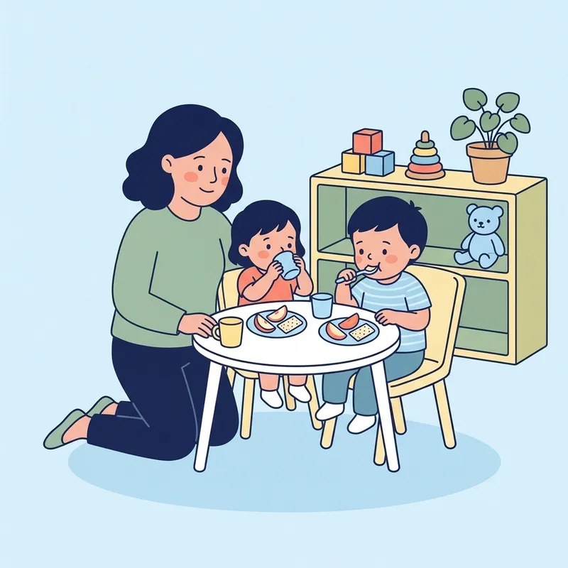 A teacher beside a low classroom table where two toddlers are eating snack