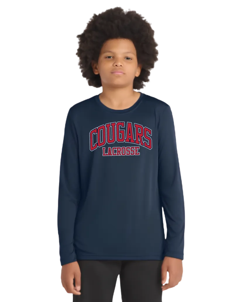 Sport-Tek ® Youth Posi-UV® Pro Long Sleeve Tee. YST420LS - True Navy - Cougars Lacrosse White Outline