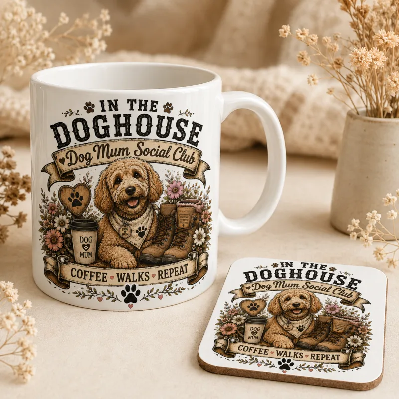 Dog Mum Social Club Mug and Coaster Gift Set – Coffee, Walkies and Time with Your Best Friend