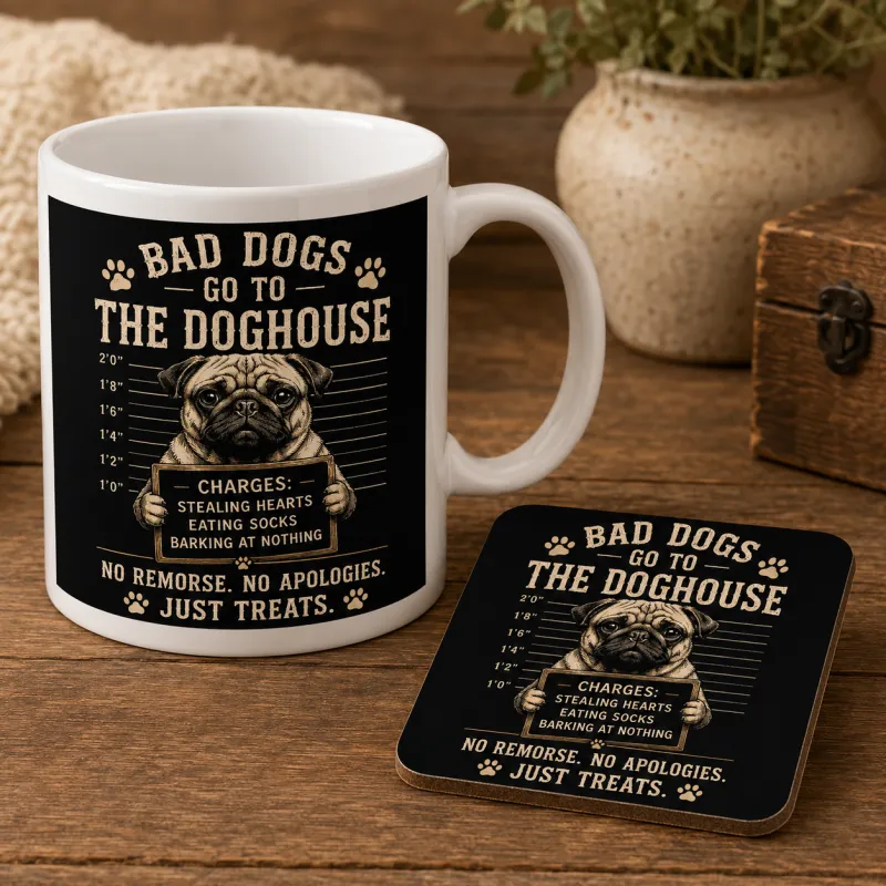 Bad Dogs Go to the Doghouse Mug & Coaster Gift Set – No Remorse, No Apologies, Just Treats