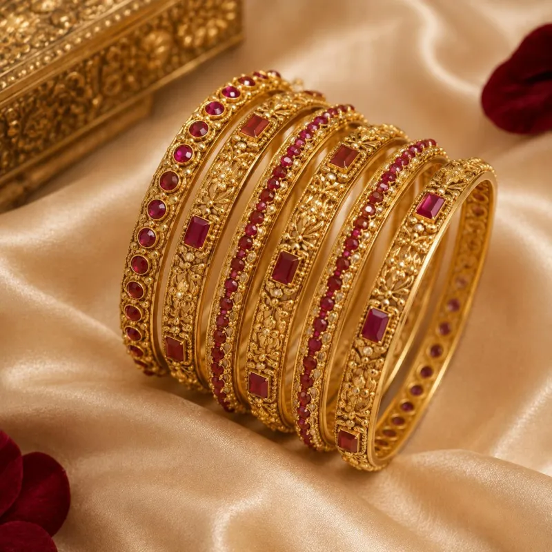 Gold Plated & Ruby Bangle Set for Women & Girls