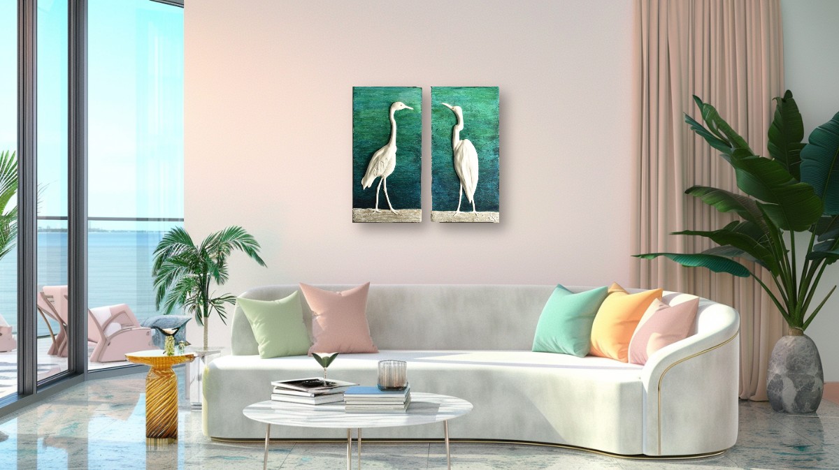 Blue Water Escapades: Egrets in Relief (24” x 24”)