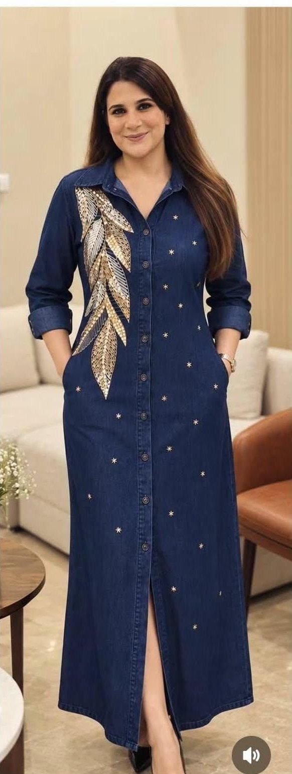 Denim Gold-Leaf Maxi Shirt Dress