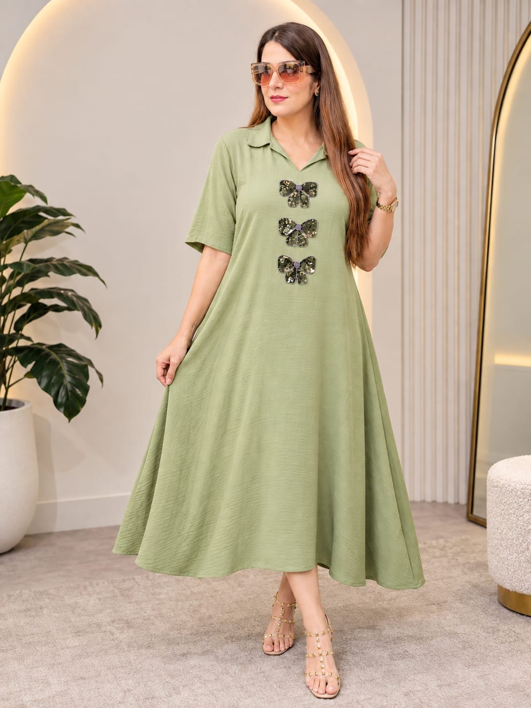 Sage Butterfly Flare Dress