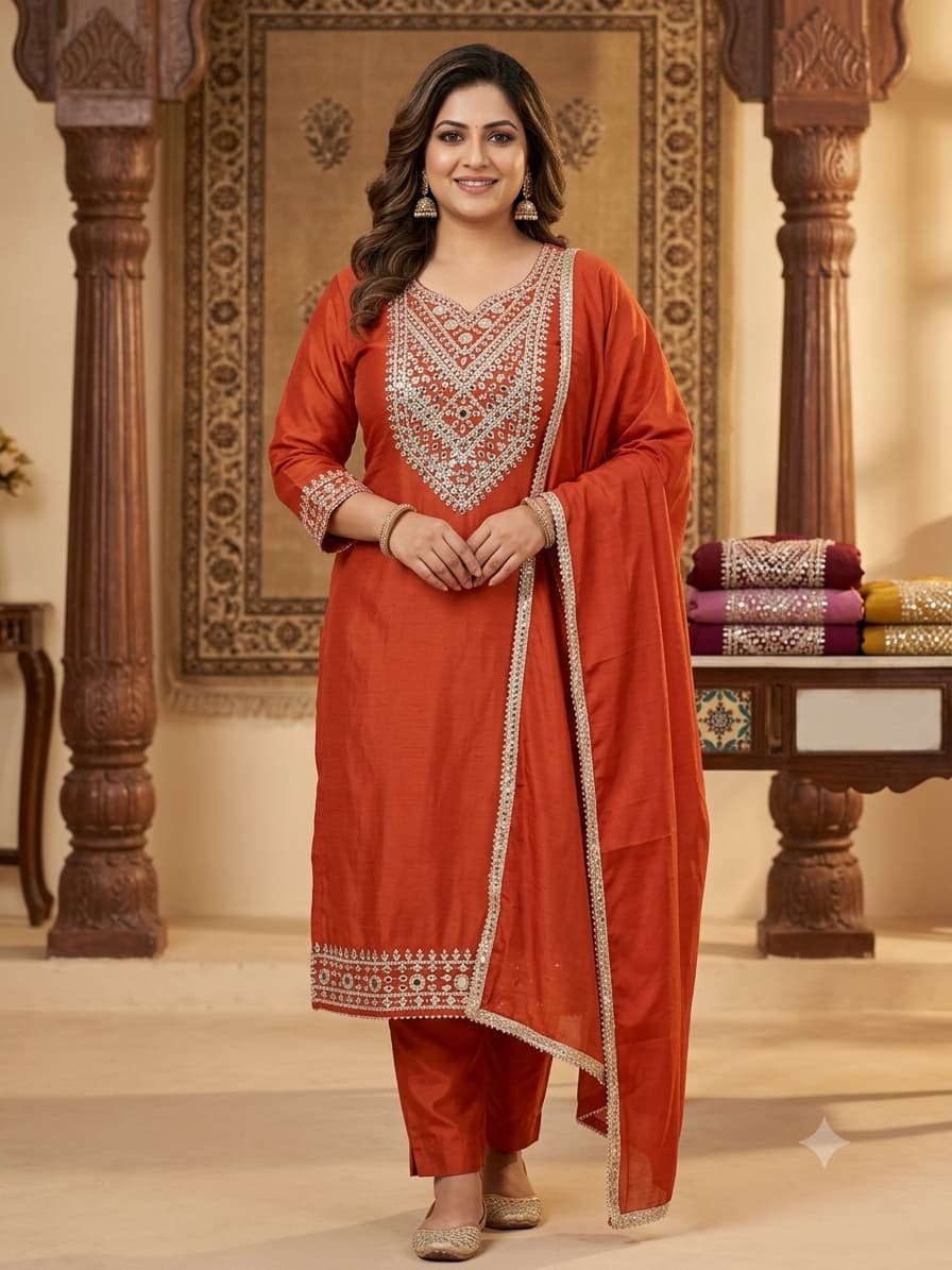 Rust Mirror-Work Kurta Set