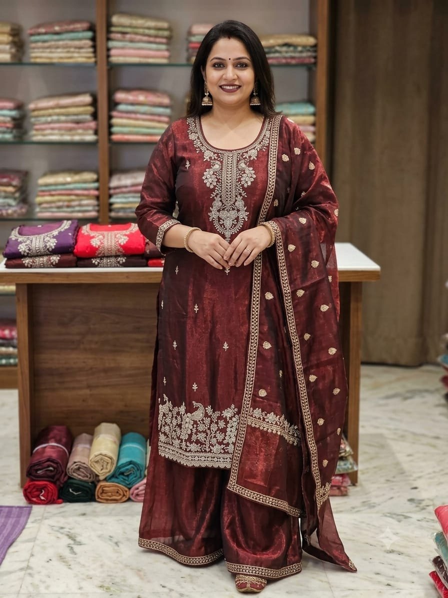 Maroon Tissue Palazzo Set