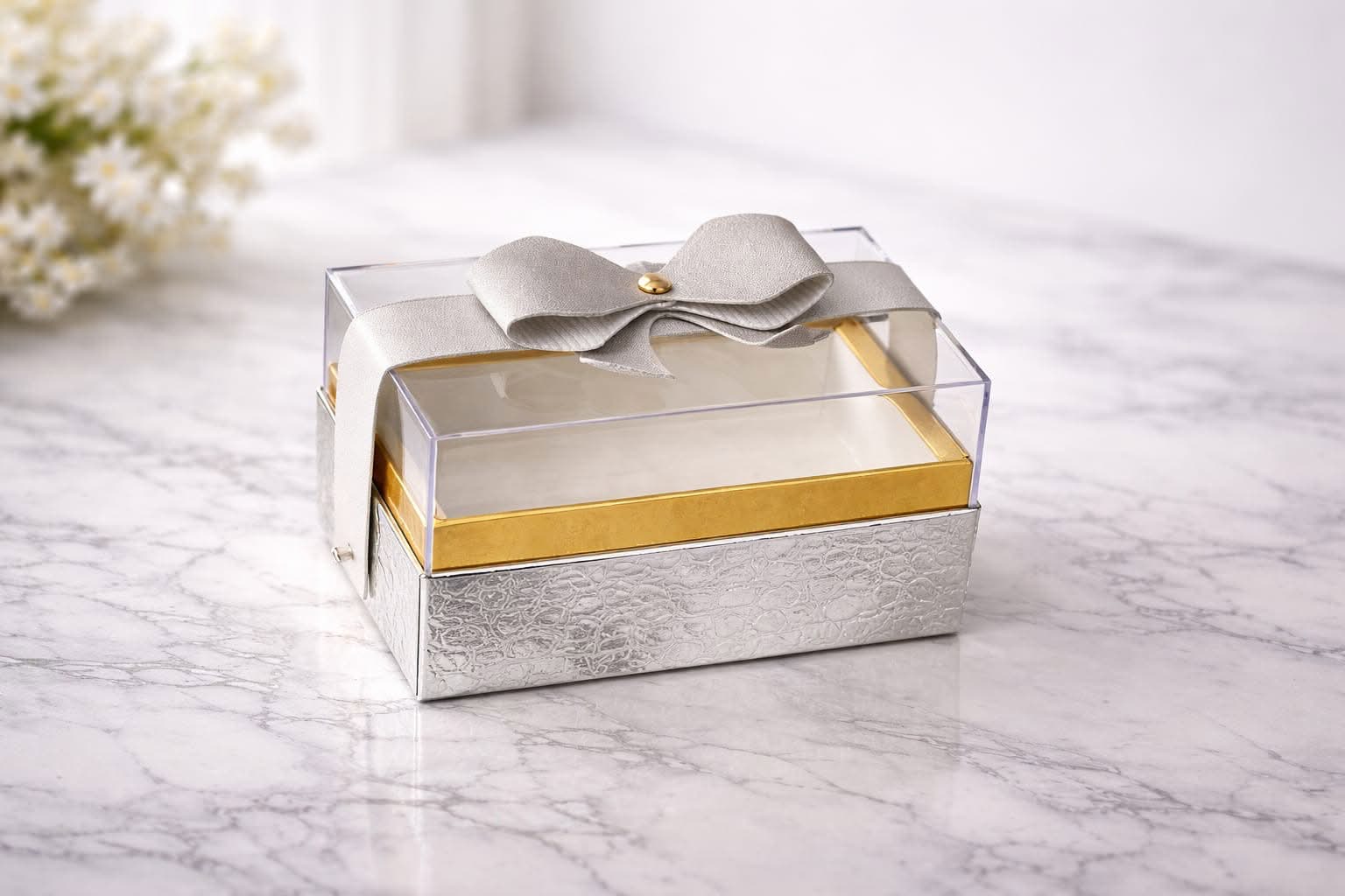 Silver Based Perspex Box with Bow on top