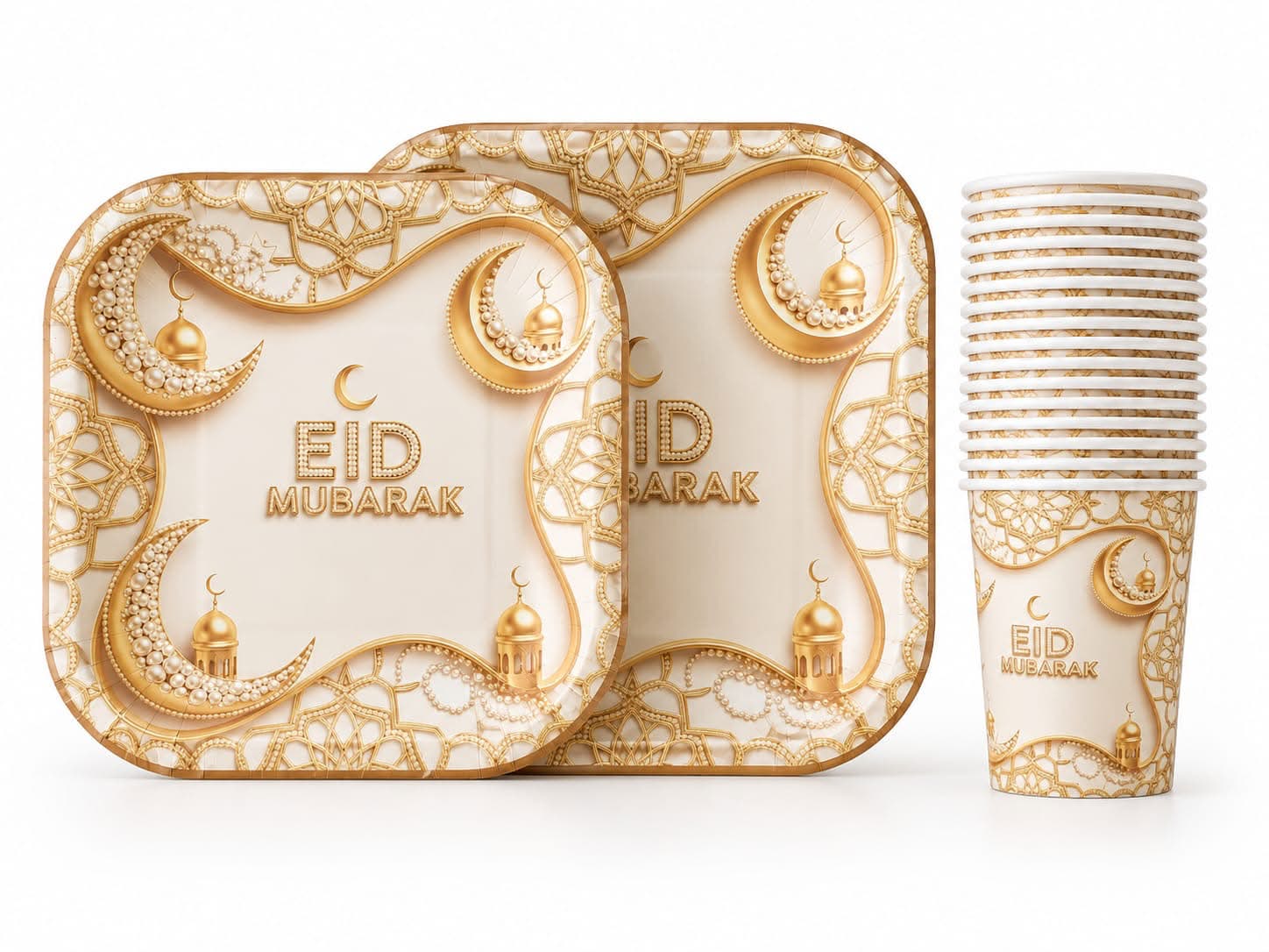 Gold & White Eid Mubarak Paper Plate Set- 60PC