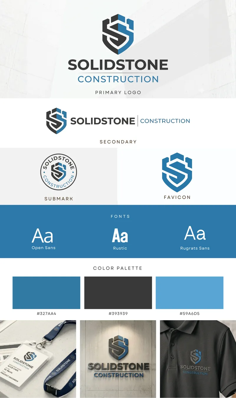 Solidstone Construction brand board in blue, with logo variations, fonts, color palette, and ID card, sign, and uniform mockups