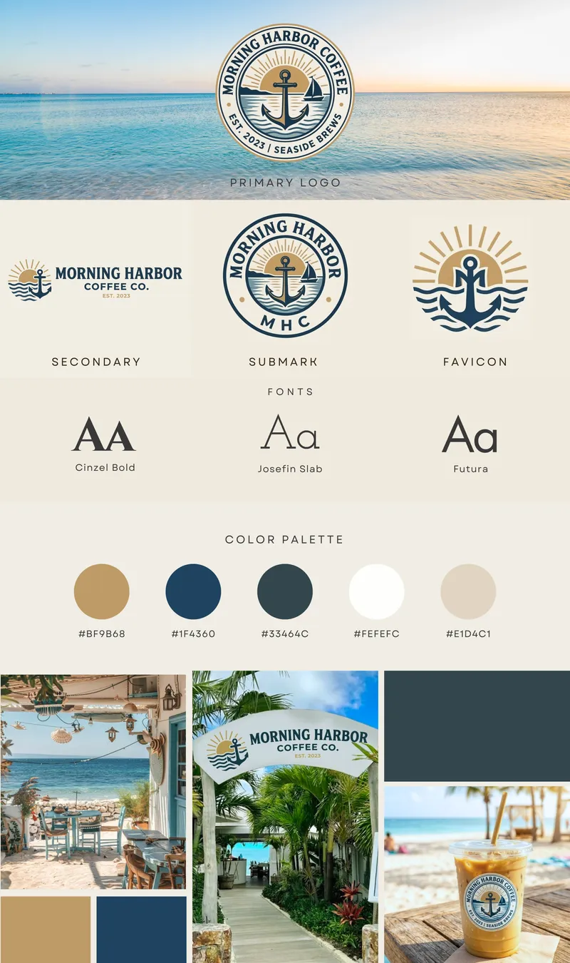 Morning Harbor Coffee Co. brand board with nautical logo variations, fonts, color palette, and beach cafe mockups