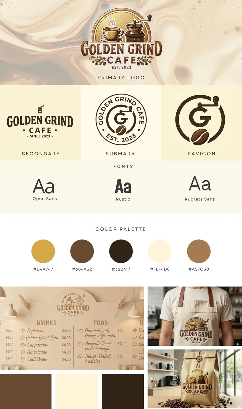 Golden Grind Cafe brand board with logo variations, fonts, color palette, and menu and apron mockups
