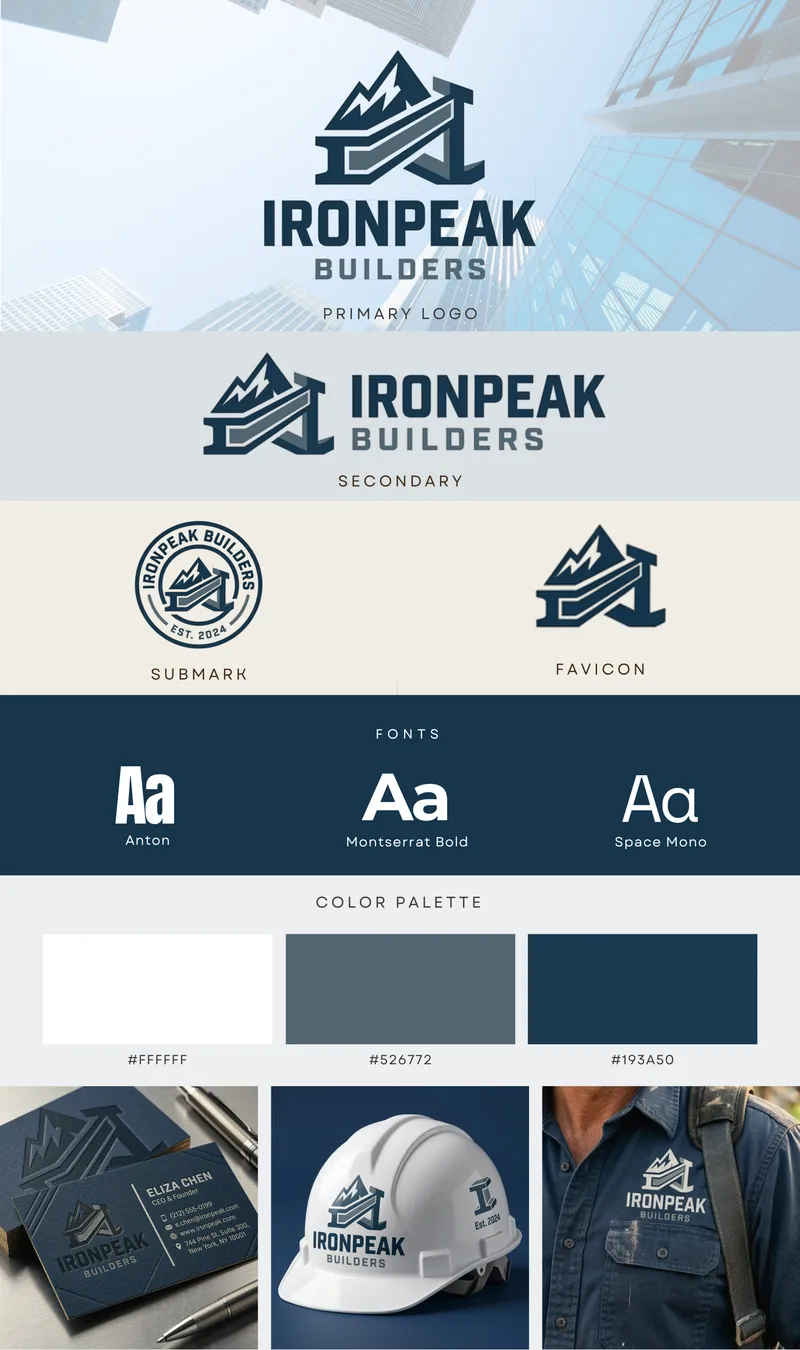 Ironpeak Builders brand board in navy, with logo variations, fonts, color palette, and hard hat and uniform mockups