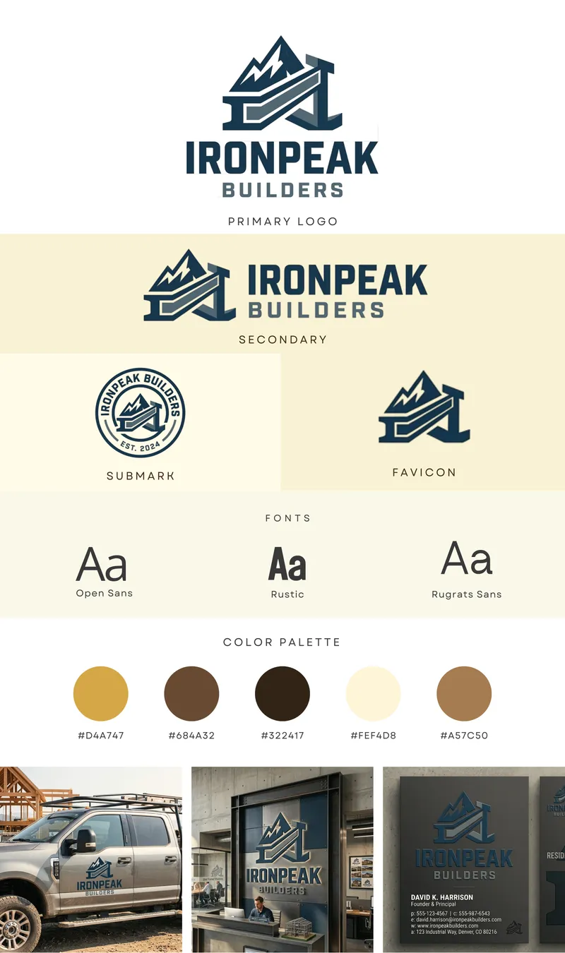 Ironpeak Builders brand board in gold and brown, with logo variations, fonts, color palette, and truck and signage mockups