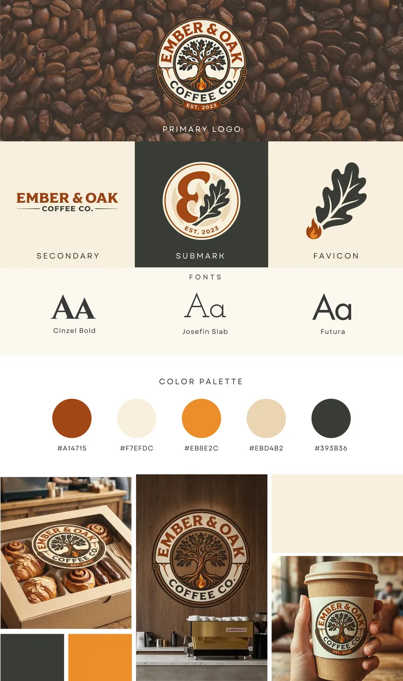 Ember & Oak Coffee Co. brand board with logo variations, fonts, color palette, and packaging and cup mockups