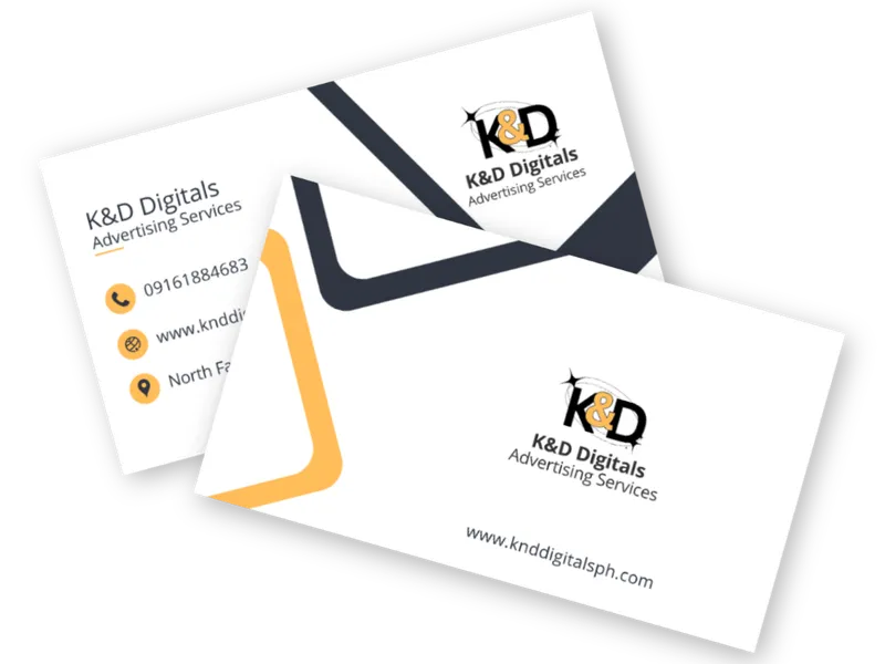 White, navy, and yellow business cards for K&D Digitals Advertising Services