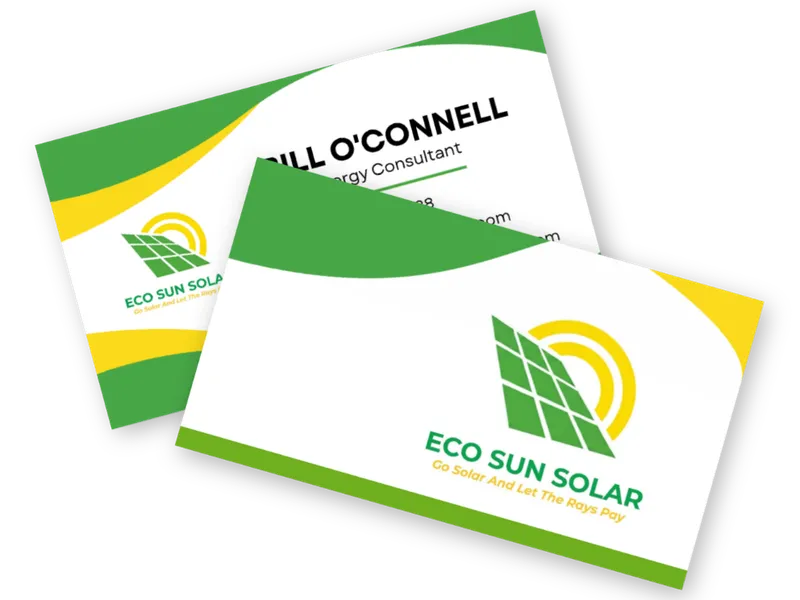 Green and yellow business cards for Eco Sun Solar