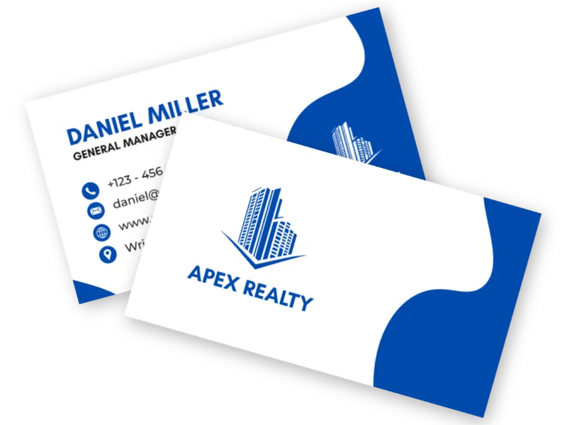 Blue and white business cards for Apex Realty