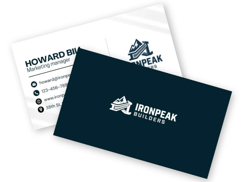 Navy and white business cards for Ironpeak Builders