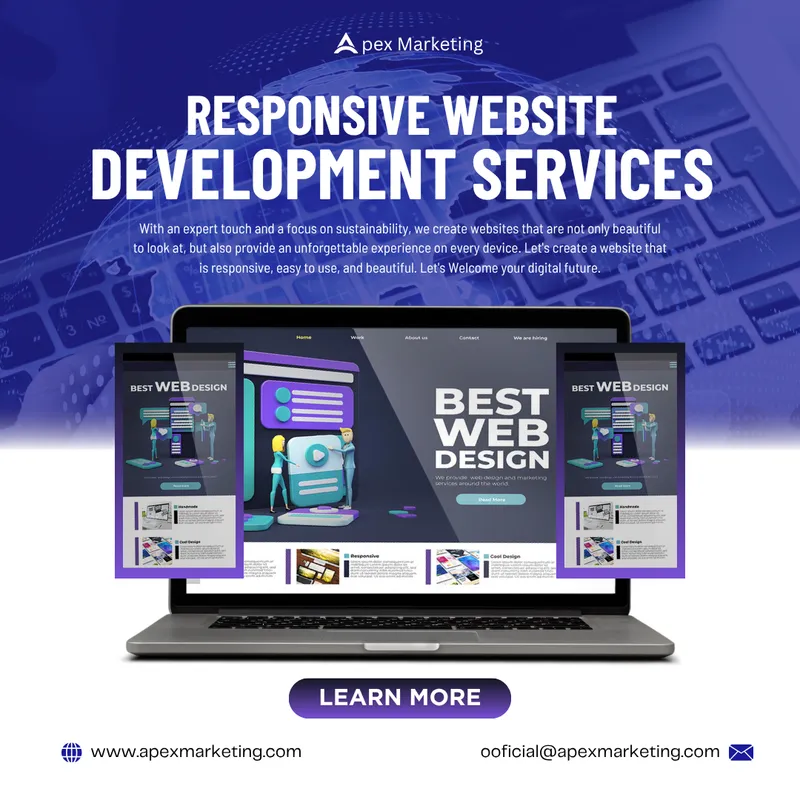 Responsive website development services promo post in purple with a laptop mockup