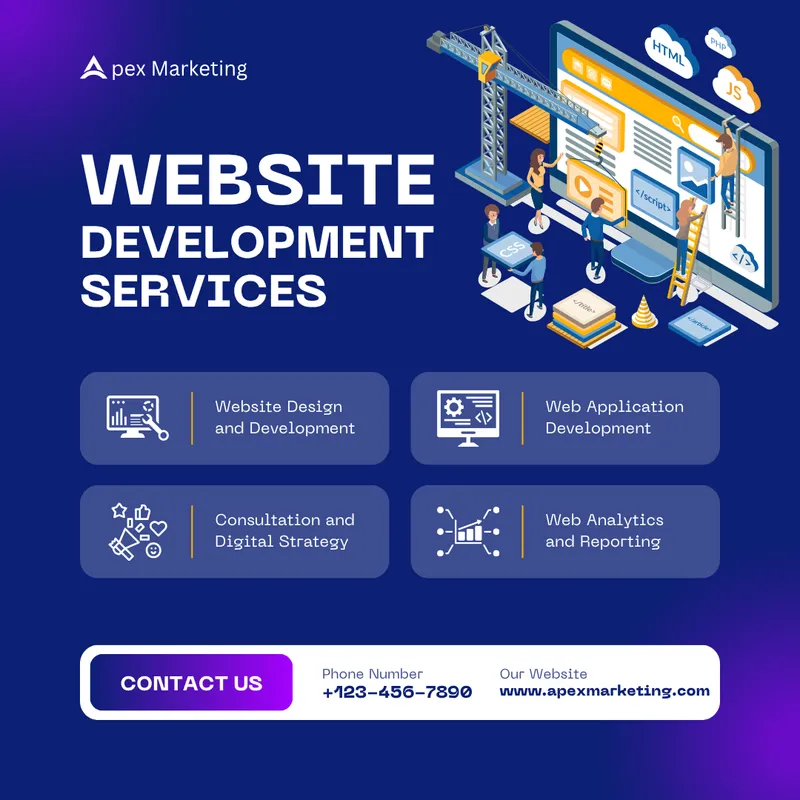 Website development services promo post with an isometric illustration
