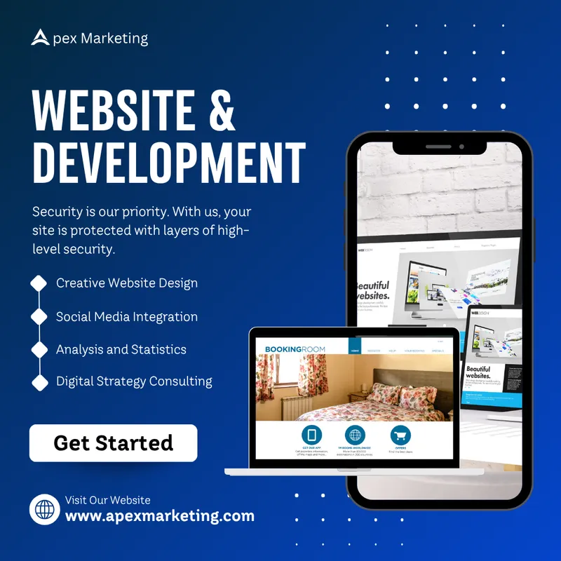 Website and development services promo post in blue, with phone and laptop mockups