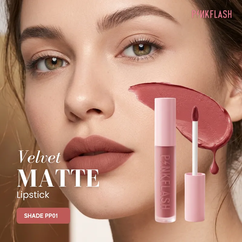Velvet matte lipstick beauty ad with a model