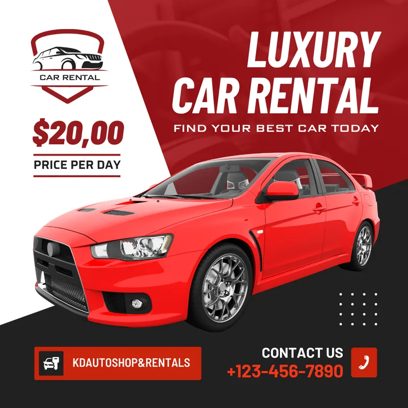 Luxury car rental promo post from $20 per day