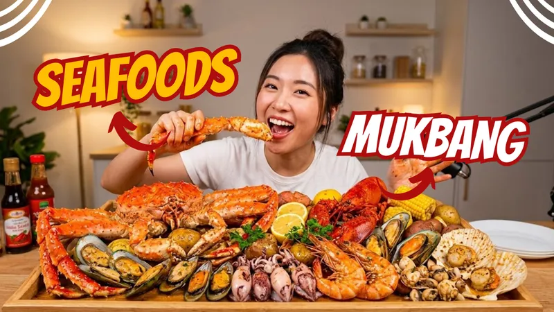YouTube thumbnail for a seafood mukbang video