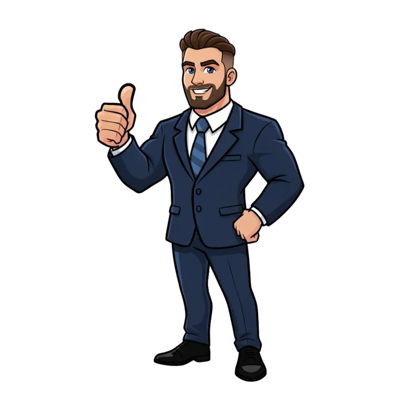 Cartoon mascot of a bearded businessman in a navy suit giving a thumbs up