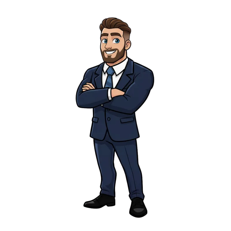 Cartoon mascot of a bearded businessman in a navy suit with arms crossed