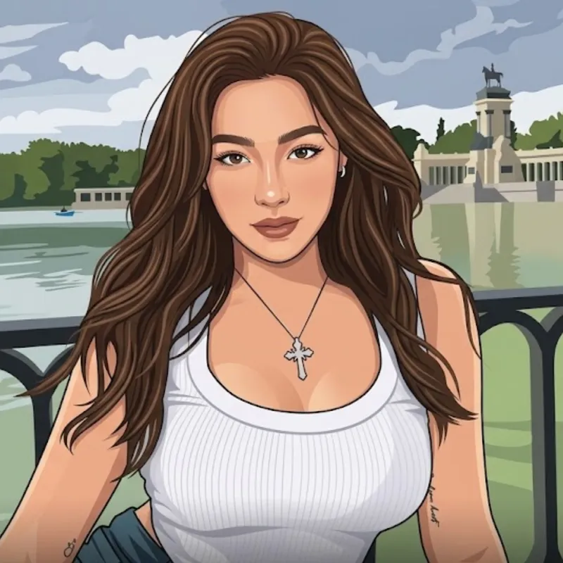 Vector portrait of a woman with long brown hair beside a lake