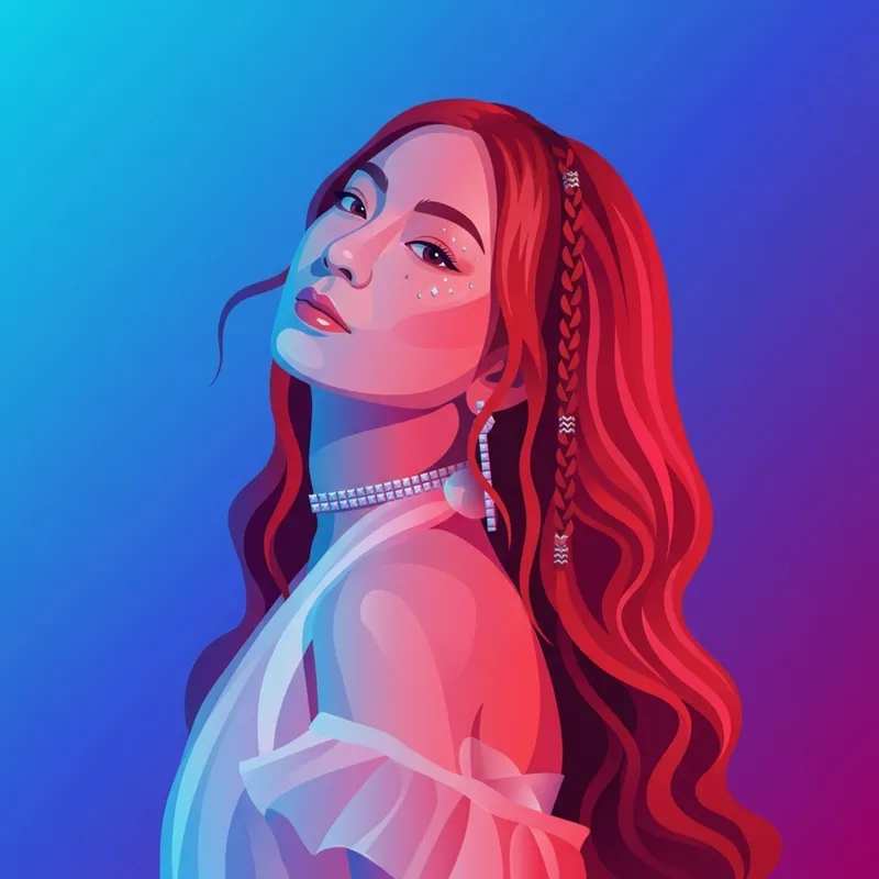Vector portrait of a woman with red braided hair on a neon background