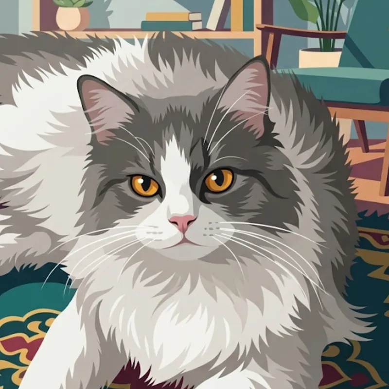Vector pet portrait of a fluffy gray and white cat