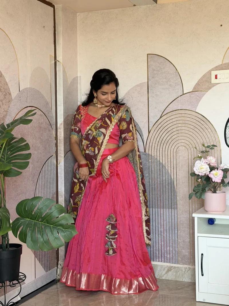 Vibrant Pink Silk Half Saree with Maroon Floral Dupatta