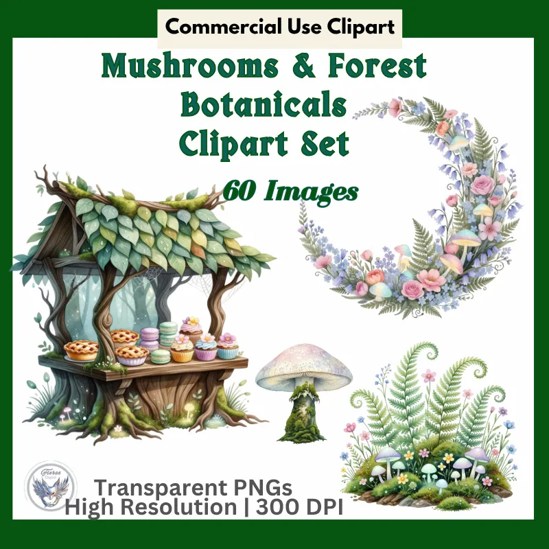 Forest Mushroom & Botanical Clipart Bundle: 60 Watercolor PNG Woodland Nature Elements