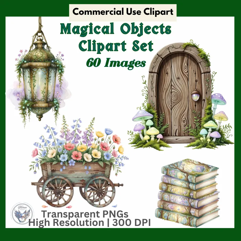 Enchanted Forest Magical Objects Clipart Bundle: 60 Watercolor PNG Fantasy Elements
