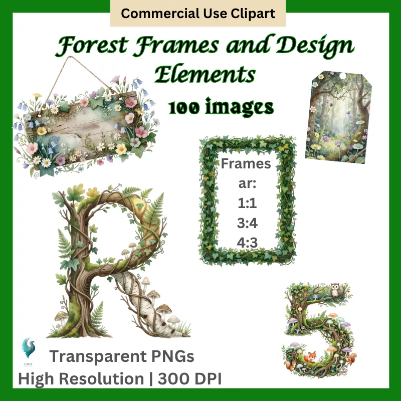 Enchanted Forest Frames  and Design Elements Bundle: 100 Watercolor PNG Borders, Wreaths, Decorative Graphics