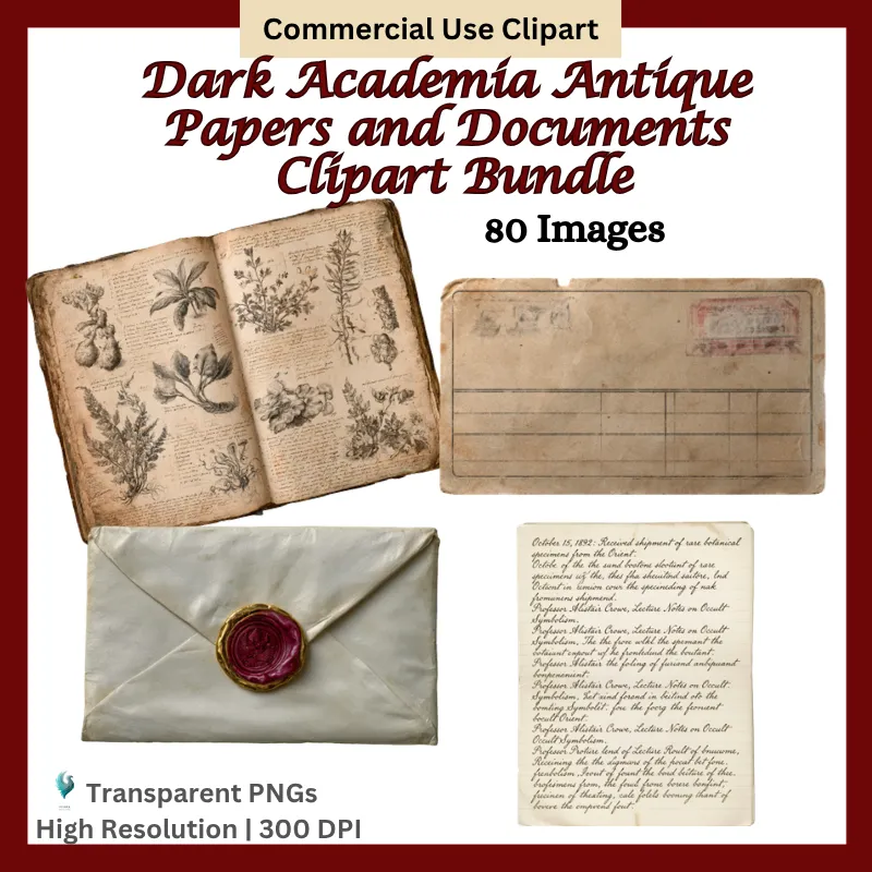 Dark Academia Antique Papers Bundle, Aged Documents Clipart Set, Gothic Journal Elements