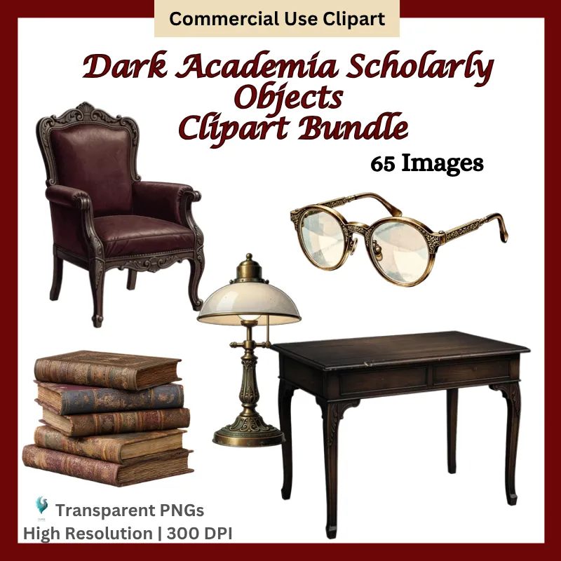 Dark Academia Scholarly Objects Bundle, Vintage Academic Clipart, Antique Library, Scholar Desk Accessories