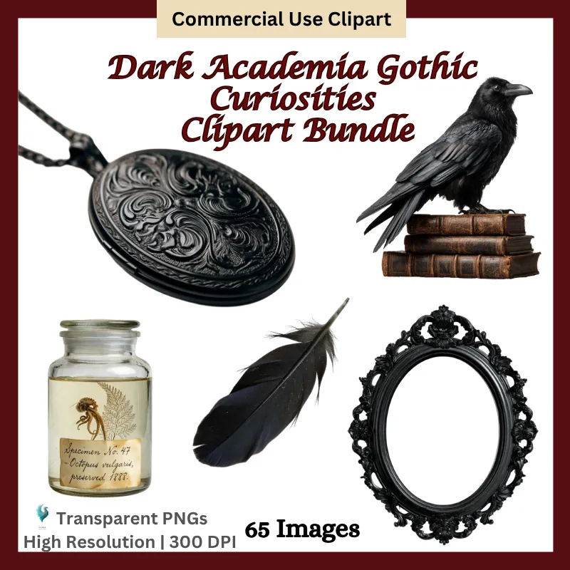 Dark Academia Gothic Curiosities Bundle, Antique Gothic Clipart, Victorian Curio, Vintage Ephemera Elements