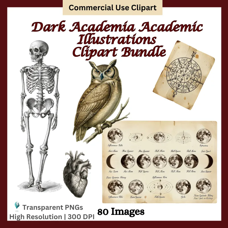 Dark Academia Academic Illustrations, Vintage Scientific Clipart, Antique Study, Botanical and Celestial Art