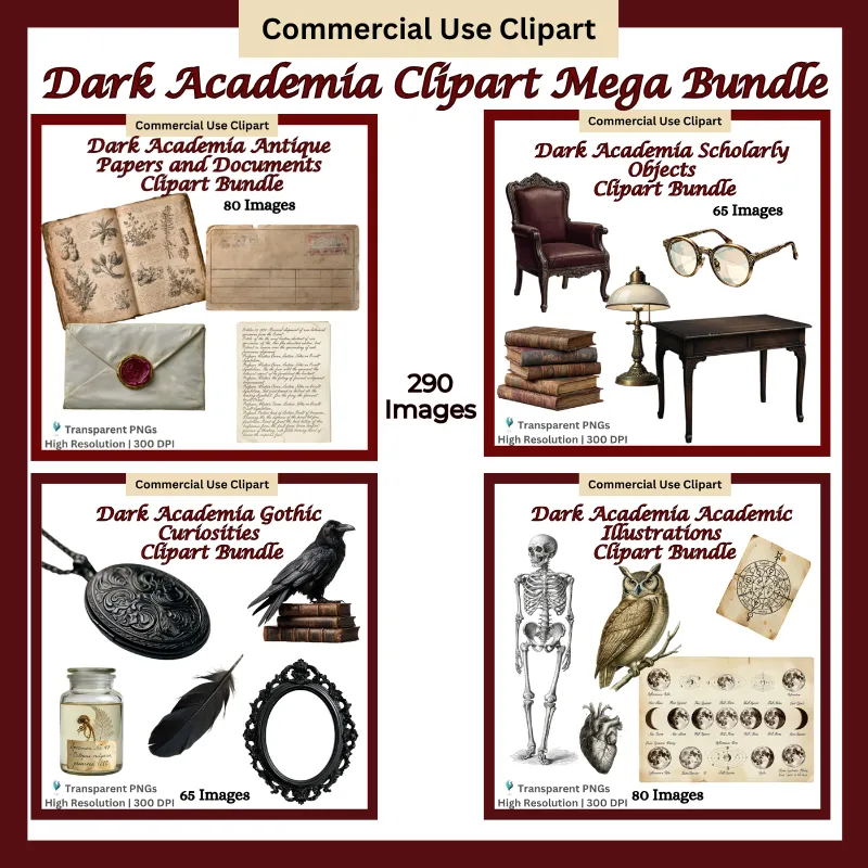 Dark Academia Mega Bundle, Vintage Clipart Set, Gothic Journal Elements, Scholarly Objects Collection