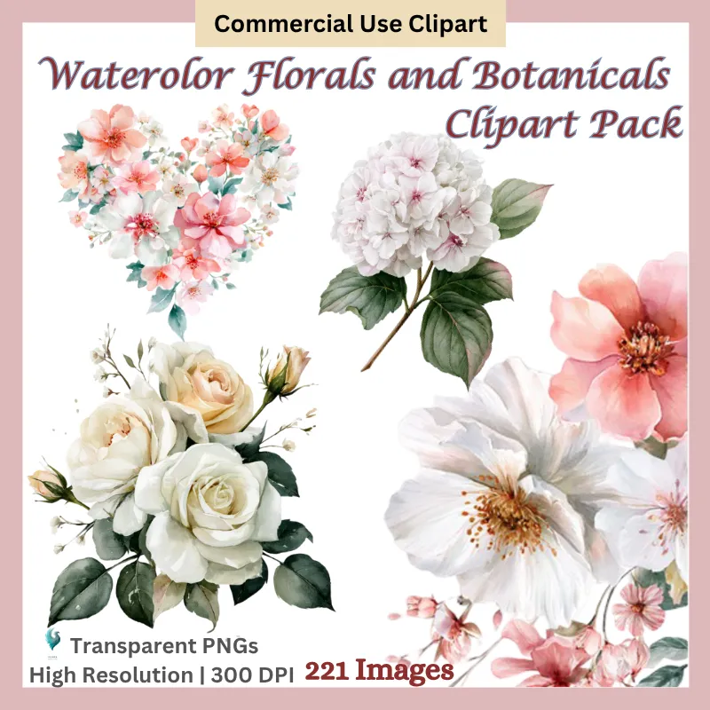 Watercolor Floral and Botanical Clipart PNG Bundle | Flowers and Greenery Graphics | Commercial Use | CC-4