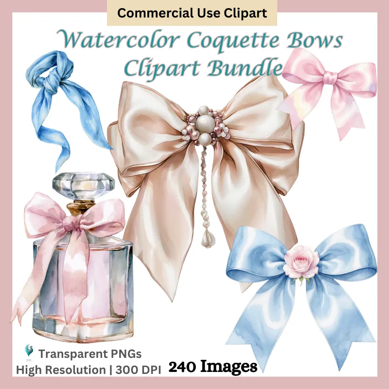 Watercolor Coquette Bow Clipart Bundle | Ribbon Clipart | Feminine Bows | Junk Journal Graphics | Commercial Use