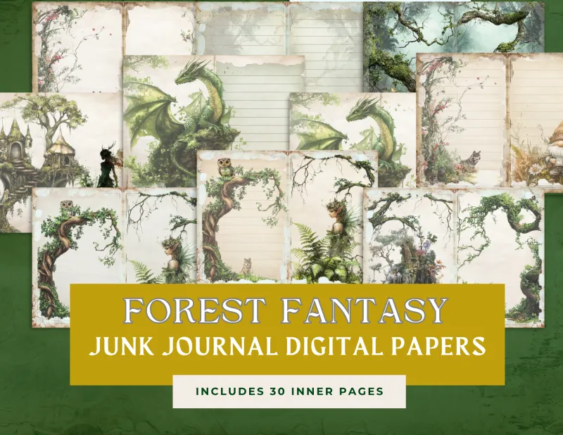 Whimsical Forest Fantasy pages digital Junk Journal Pack – 36 Printable papers