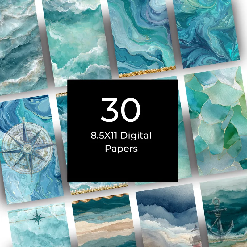Colors of the Sea Digital Paper Pack: 60 Ocean-Inspired Backgrounds in 12x12 and 8.5x11