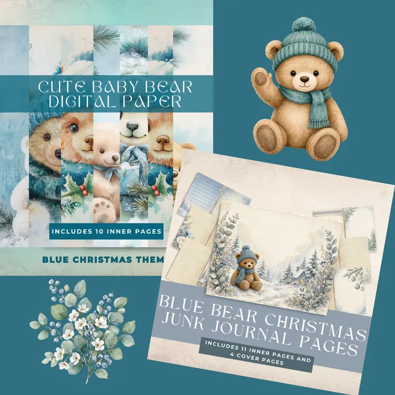 Blue Bear Christmas Junk Journal Papers - Vintage- for Holiday Crafting!