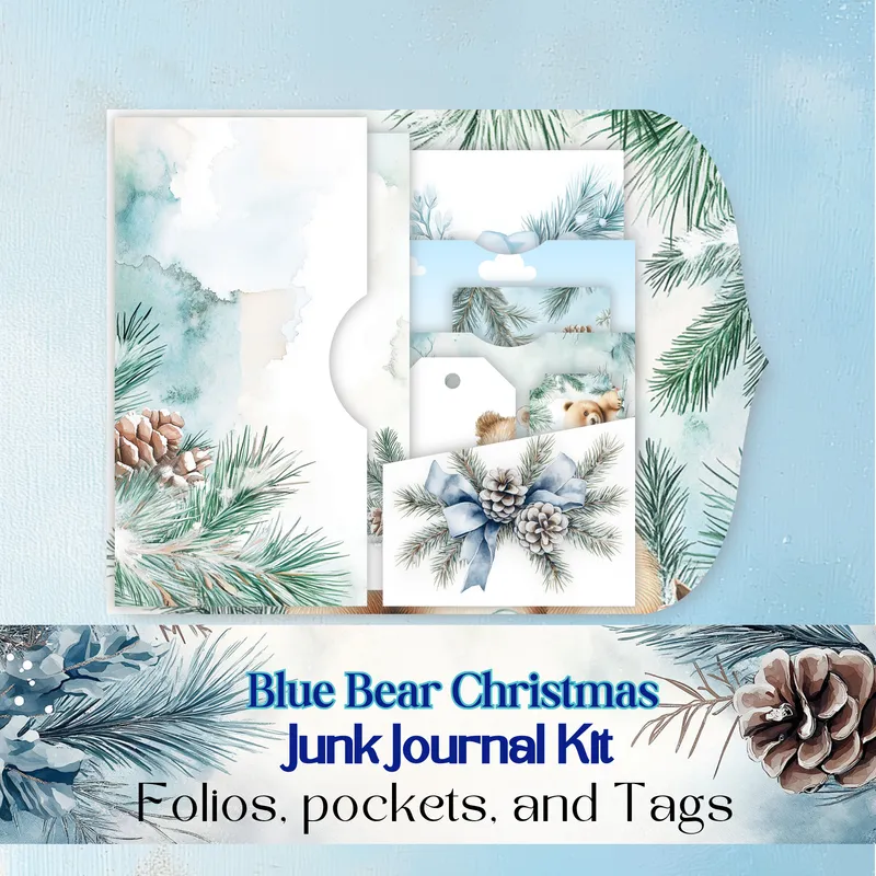 Blue Bear Christmas Junk Journal Elements – Whimsical Ephemera and more for Holiday Journals & Crafts!