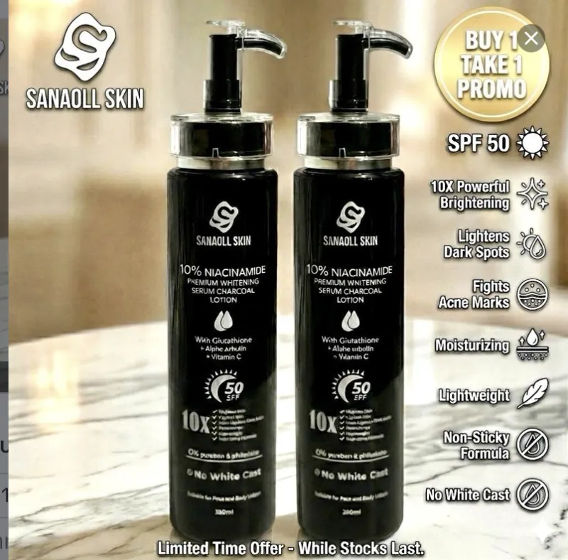 [BUY 1 GET 1 FREE] Sanaoll Skin 10% Niacinamide  Premium Whitening Serum Charcoal Lotion with Glutathione + Alpha Arbutin